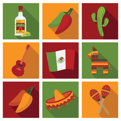 Wall Mural - mexican vector square icons green red yellow mexico flag sombrero pinata cactus chili tequila maraca isolated on white
