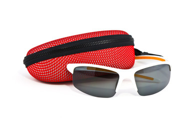 Sport sunglasses and case on a white background