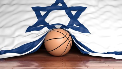 Wall Mural - Basketball ball with flag of Israel on parquet floor