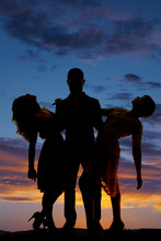 Silhouette Man Hold Two Women Leaning Back Sunset