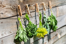 Herbs Hanging Over Wooden Background