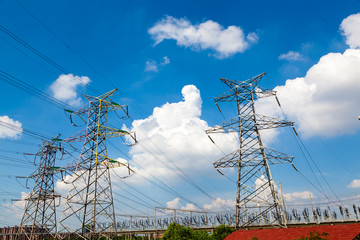 high voltage post.High-voltage tower sky background.