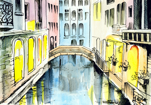 Obraz w ramie watercolor painting - сanal in Venice