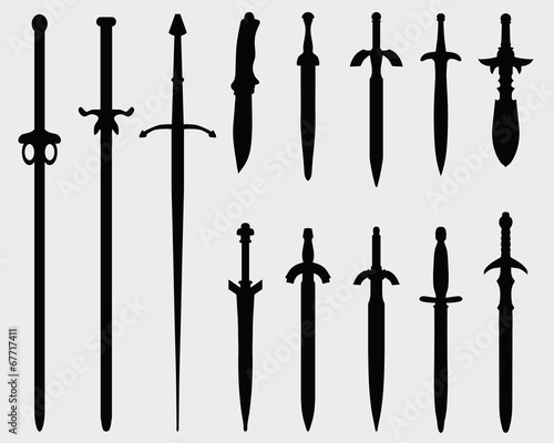 Black silhouettes of swords on a white background, vector Stock Vector