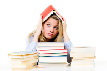 young woman holds a book with her head