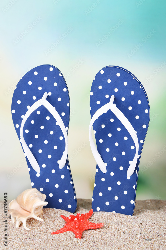 Color flip-flops on sand, on nature background