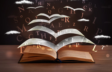 Wall Mural - Pages and glowing letters flying out of a book