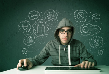 Aufkleber - Young nerd hacker with virus and hacking thoughts