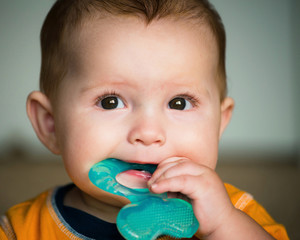 Baby chewing on teething ring toy