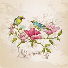 Vintage Card - Flowers And  Birds - For Design And Scrapbook