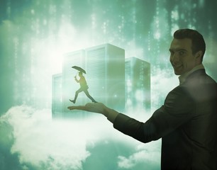 Aufkleber - Composite image of businessman jumping holding an umbrella