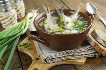 Homemade soup of river fish in the bowl