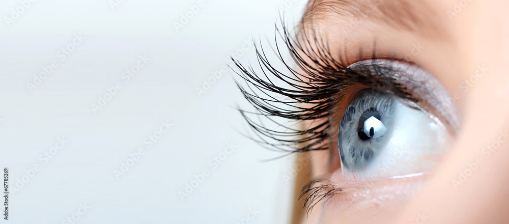 Female eye with long eyelashes close-up - obrazy, fototapety, plakaty 