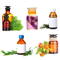 Poster - Collage of medicine bottles and herbs, isolated on white