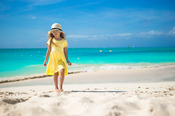 Wall Mural - Happy little girl in hat on beach during summer vacation