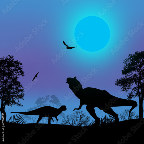 Naklejka samoprzylepna Sylwetki dinozaurów w piękny krajobraz