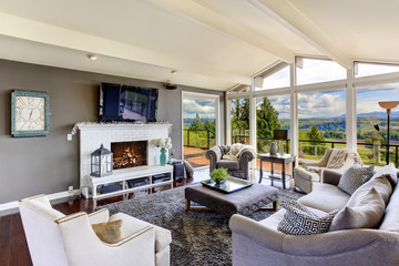 Luxury house interior. Living room with beautiful view