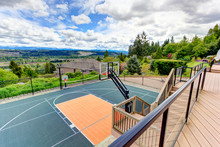 House Backyard With Sport Court And Patio Area. View From Walkou