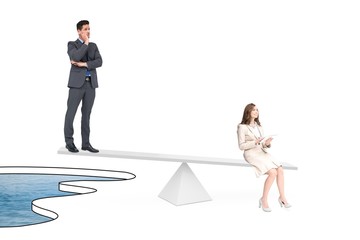 Wall Mural - White scales weighing businessman and businesswoman