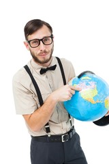 Poster - Geeky hipster pointing to globe