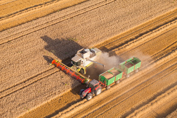 aerial view of combine on harvest field