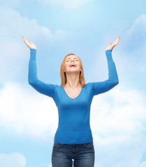 Poster - laughing young woman waving hands