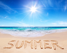 Word "summer" Written On The Tropical Beach