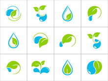 Icons With Green Leaves And Water Drops For Ecological Design