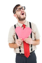 Poster - Geeky hipster crying and holding heart card