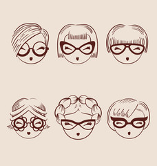 Wall Mural - fashion girls in glasses icon set hand drawn