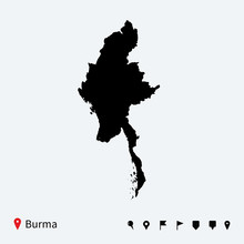 High Detailed Vector Map Of Burma With Navigation Pins.