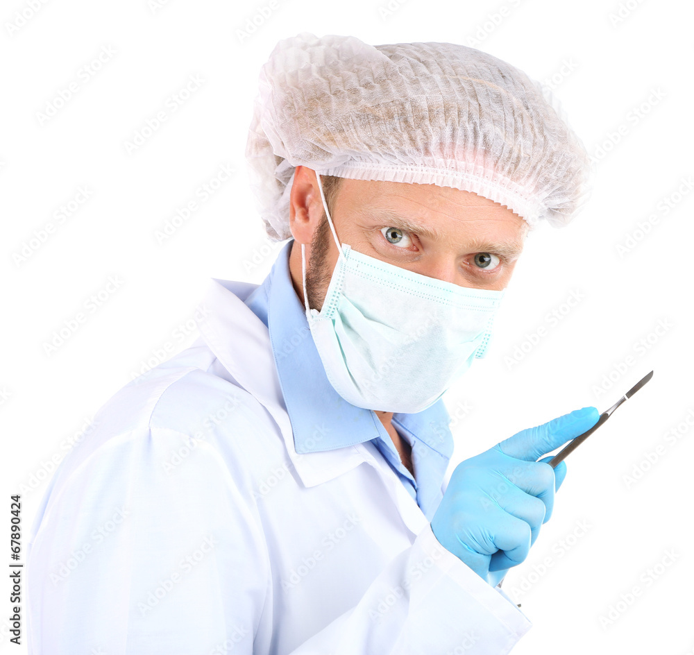 Doctor in glasses holding medical instruments isolated on white