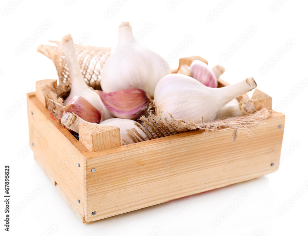 Fresh garlic in wooden box isolated on white