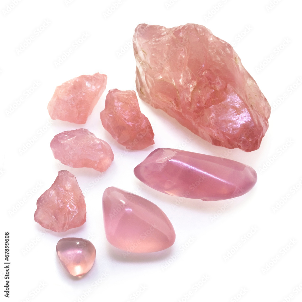 Raw and polished rose hi-quality rose quartz gems. - obrazy, fototapety, plakaty 