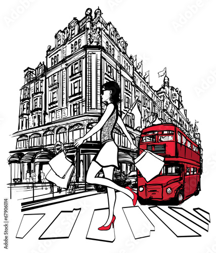 kobieta-na-zakupach-i-czerwony-londynski-autobus-w-londynie