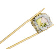California sushi roll in chopsticks isolated on white background