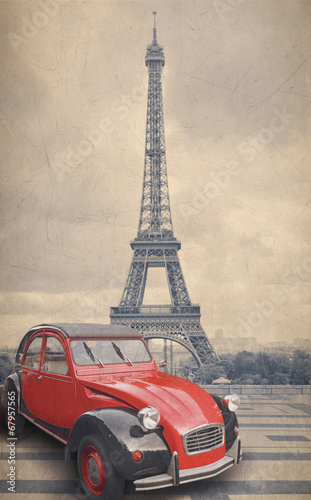 Plakat na papierze fotorealistycznym Wieża eiffla i czerwony samochód z efektem filtra w stylu retro vintage.