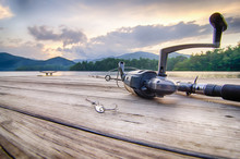Fishing Tackle On A Wooden Float With Mountain Background In Nc
