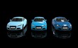 Cool blue cars on black back background front top view