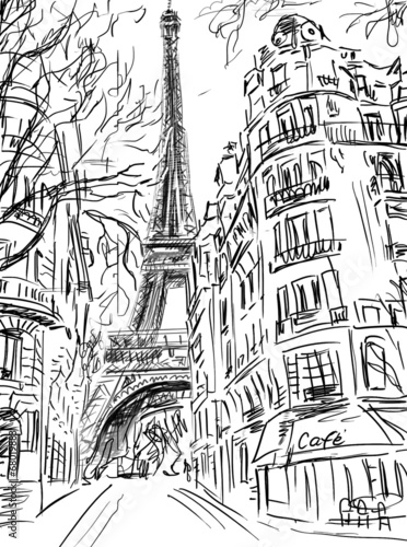 Naklejka - mata magnetyczna na lodówkę Street in paris -sketch illustration