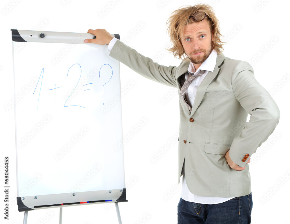 Funny doctor with board isolated on white