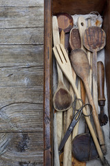 Wall Mural - vintage old wooden cooking utensils group on wooden table