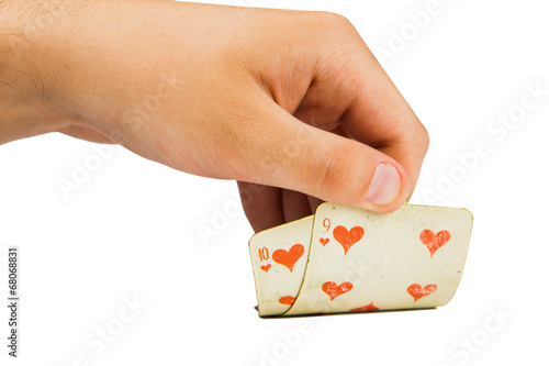 Fotografia two playing cards in hand isolated on white background