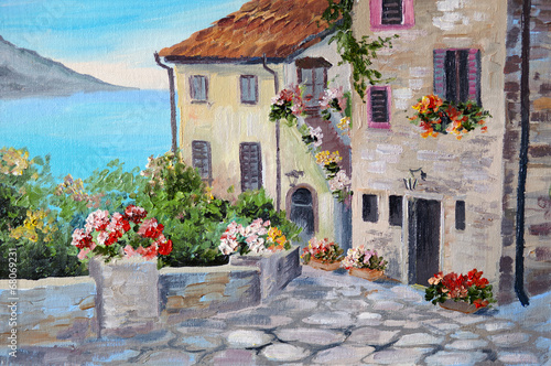 Naklejka - mata magnetyczna na lodówkę Oil painting on canvas of a beautiful houses near the sea