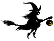 Fliegende Hexe auf einem Besen mit leuchtendem Halloween Kürbis