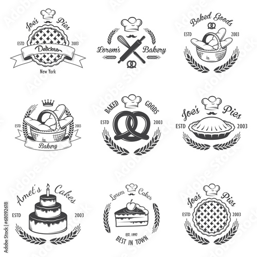 Set of vintage black and white bakery emblems, labels and design