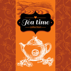 Tea vintage background. Hand drawn sketch illustration