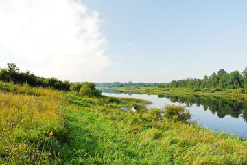 Sticker - green riverside of small river in summer day,