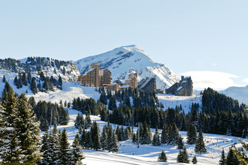 Sticker - view of Avoriaz mountain town in Alps