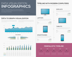 Wall Mural - data visualization infographics graphs, bars and laptop timeline